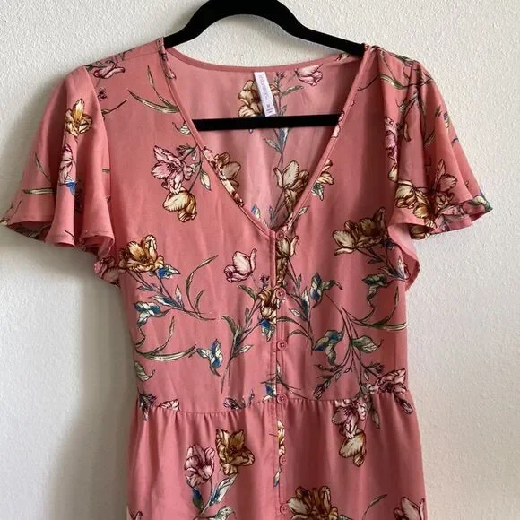 Xhilaration Women's Floral Print Short Sleeve V-Neck Button-Down Dress M pink - Picture 6 of 12